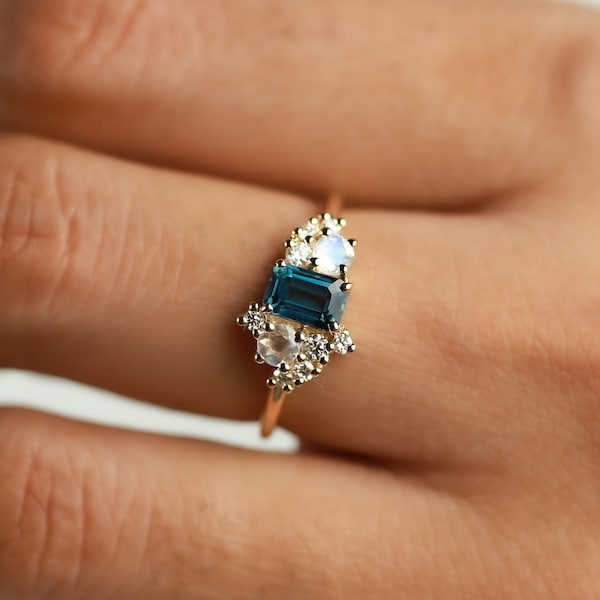 Cluster engagement ring, London blue topaz diamond moonstone cluster ring, Topaz Engagement ring, Emerald cut blue topaz ring