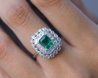 Antique emerald engagement ring, green emerald engagement ring, Emerald engagement ring, Emerald cut emerald diamond ring, 1.6c emerald EE01