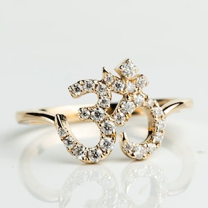Diamond Om Ring in Solid Gold, Gold Om Ring, Om Ring with Diamonds, Diamond Ring, Om Jewelry, Gift Ring for Her, Hindu Religion Symbol