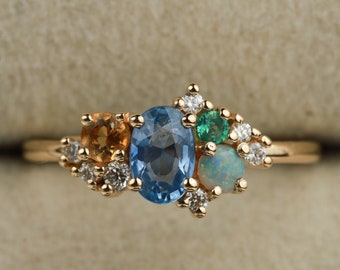 Blue sapphire cluster ring, Australian opal cluster ring, opal and sapphire engagement ring 14k gold, Sapphire and diamond engagement ring