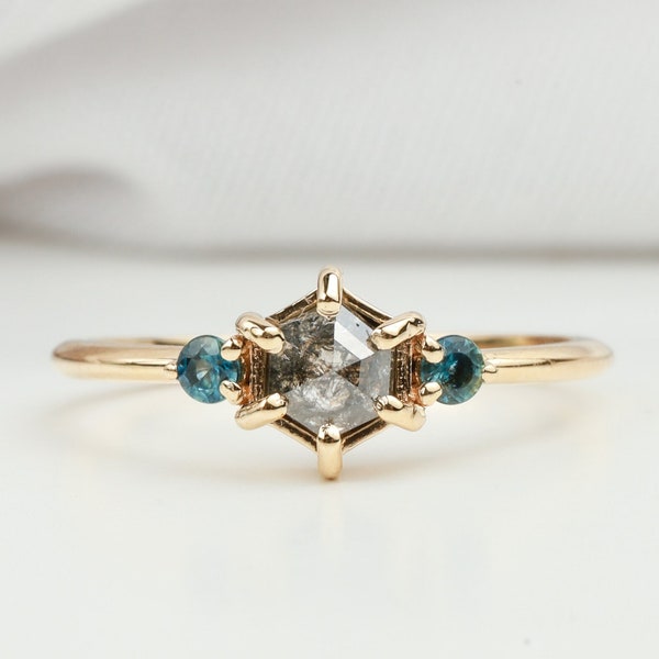 Salt and pepper diamond ring, Teal sapphire ring, Hexagon cut diamond, Three stone ring, dainty diamond ring, Promise Ring