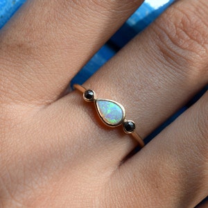 Dainty Opal Diamond Engagement Ring - Australian Fire Opal - October Birthstone - Rose Cut Black Diamond - Unique Minimalist Ring Design