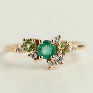 Emerald and peridot cluster ring, cluster engagement ring, Green Emerald ring, cluster ring, diamond emerald ring, emerald engagement ring