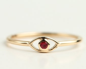 Rubin Böses Auge Stapelring, zierlicher Rubin Ring, Juli Birthstone Schmuck, einzigartiger Geschenkring für sie, minimalistischer Rubin Böse Auge Stapelring