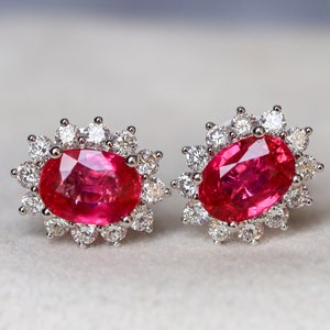 Vintage Halo Diamond & Ruby IGI Certified Stud Engagement Earrings - 2CT Oval Cut Red Ruby Anniversary Earrings - July Birthstone Jewelry