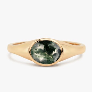 Moss Agate Signet Ring, Oval Cut Moss Agate Men&#39;s Unisex Ring, Anniversary Gift, Father&#39;s Day Gift, Unique Present for Him or Her