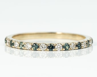 Alianza de boda de zafiro y diamantes de Montana / Anillo de eternidad de oro de 14k