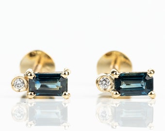 Teal Green Montana Sapphire Diamond Earrings, Solid Gold Baguette Sapphire Studs, Montana Sapphire Bridal Earrings,Wedding Jewelry, Mom Gift