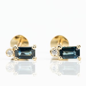 Teal Green Montana Sapphire Diamond Earrings, 14K Solid Gold Baguette Sapphire Studs, Bridal Wedding Jewelry, Elegant Gift for Mom
