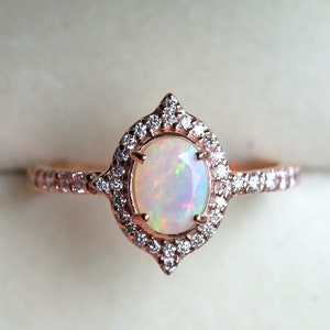 IGI Certified Opal Engagement Ring - Solid Gold Vintage Oval Diamond Bridal Ring - Unique Wedding & Anniversary Gift for Her