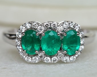 Art deco Three Stone Emerald Engagement ring, Unique Halo Engagement ring, Vintage Emerald engagement ring, Halo emerald diamond ring EE01