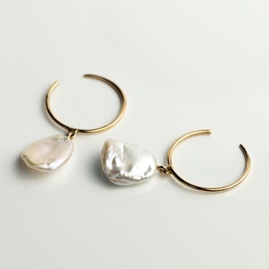 Pearl Hoop Earrings, Dangle Earrings, Baroque Pearl Earrings In Solid Gold, Gift For Her, Drop Earrings image 1
