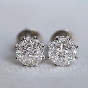 IGI Certified Invisible Set Gold Diamond Stud Earrings, 1 Carat Round Diamond Studs, Elegant Gold Earrings, Classic Diamond Jewelry Gift