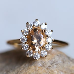 IGI Certified Morganite Halo Engagement Ring, Oval Cut Peach Morganite & Diamond, March Birthstone, Gold Art Deco Ring, Unique Gift For Her
