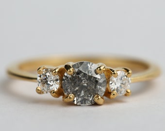 Salt and pepper diamond engagement ring, Grey diamond ring, Gray diamond ring, gray and white diamond ring, three stone engagement ring
