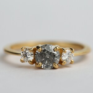 Salt and Pepper Diamond Engagement Ring, Grey Diamond Ring, Three Stone Gray and White Diamond Ring, Unique Engagement Jewelry