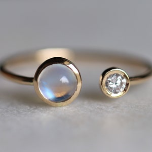 14K Solid Gold Moonstone Diamond Ring | Adjustable June Birthstone Wedding Ring
