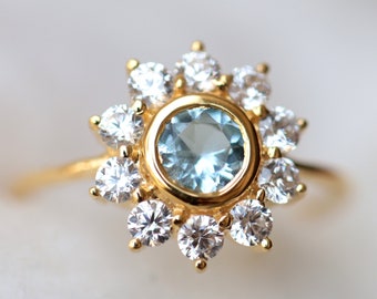 Aquamarine engagement ring, Sunflower ring, Aquamarine and diamond ring, Aquamarine ring, Moissanite ring, March birthstone, Statement ring