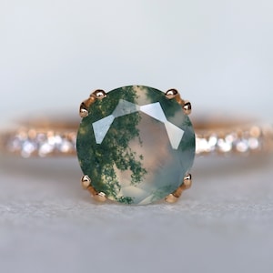Moss agate engagement ring, Large moss agate Engagement ring, Solitaire diamond ring, Anniversary ring / Promise ring, Gift ring for her