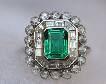 Emerald Diamond engagement ring, green emerald engagement ring, Natural Emerald ring, Emerald cut emerald baguette diamond ring, 1.6ct EE01