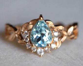 Art Deco Aquamarin Verlobungsring, Zweig Aquamarin Verlobungsring, Tropfen Aquamarin Ring, Aquamarin Diamant Ring, März Geburtsstein