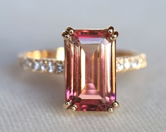 Tourmaline engagement ring, Watermelon tourmaline ring, Bicolor tourmaline ring, tourmaline baguette ring, tourmaline and diamond ring