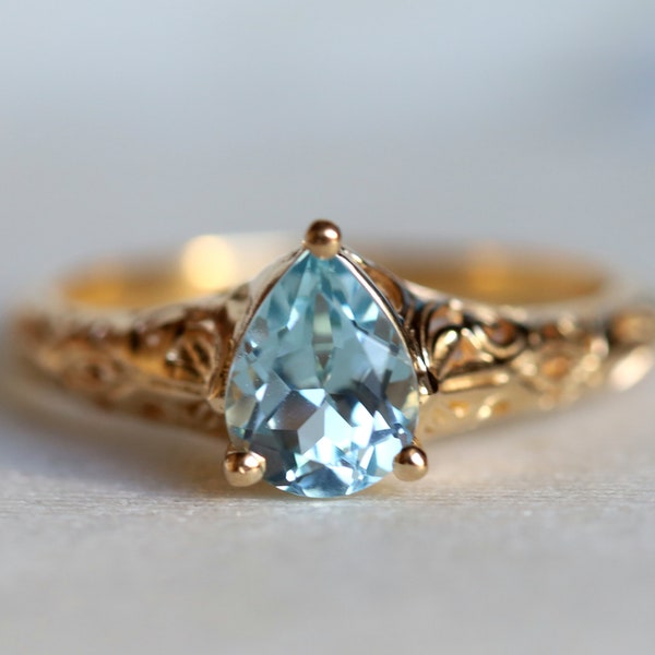 Soild Gold Aquamarine engagement ring, filigree ring, pear cut aquamarine, Aquamarine ring, March birthstone, Art Deco ring, Signet Ring