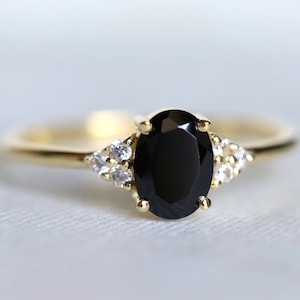 Black diamond ring, Gold black diamond ring, Black diamond engagement ring, diamond ring, three stone diamond ring, 1 carat diamond ring