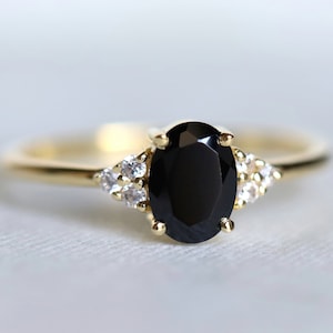 Black Diamond Engagement Ring | Gold Three Stone 1 Carat Diamond Ring | Unique Black Diamond Ring | Elegant Diamond Jewelry