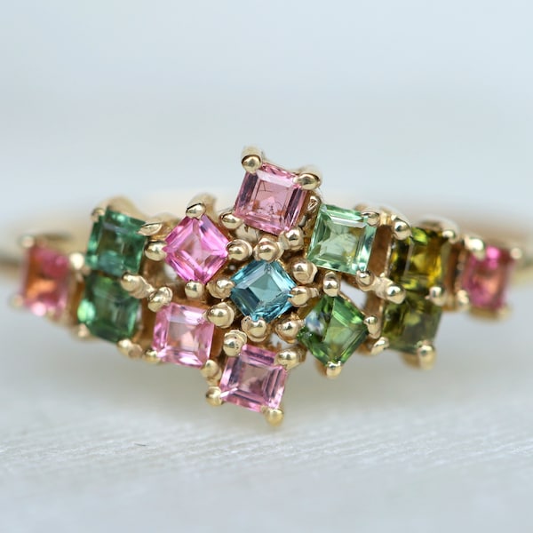 Multi color Tourmaline Cluster ring, Pink tourmaline ring, Green tourmaline ring, Tourmaline engagement October birthstone, anniversary gift