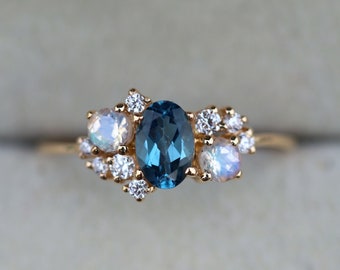 London blue topaz ring, Cluster ring, Topaz Engagement ring, Cluster engagement ring, Moonstone ring, Diamond moonstone topaz ring