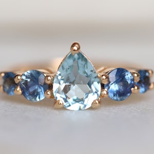 IGI Certified Aquamarine & Blue Sapphire Cluster Engagement Ring, Unique Five Stone Colorful Aquamarine Cluster Ring in 14K Solid Gold