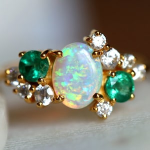 IGI Certified Australian Opal Engagement Ring, Opal & Emerald Cluster, Fire Opal and Diamond Jewelry, 14K Gold, Engagement Ring for Her