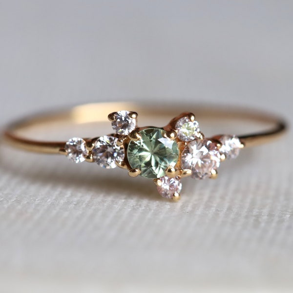 Cluster engagement ring, Green Sapphire Engagement ring, sapphire engagement ring, Cluster ring, Sapphire and Diamond ring, Birthstone ring