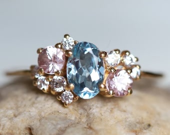 Aquamarine ring, Aquamarine engagement ring, Cluster ring, Cluster engagement ring, sapphire cluster ring, aquamarine and diamond ring