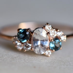Sapphire cluster ring, White sapphire engagement ring, Diamond cluster ring, Cluster engagement ring, London blue topaz cluster ring