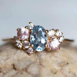 Aquamarine ring, Aquamarine engagement ring, Cluster ring, Cluster engagement ring, sapphire cluster ring, aquamarine and diamond ring