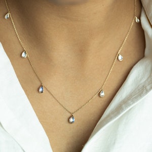 Rainbow moonstone pear cut necklace, Moonstone necklace, Solid gold necklace, Pear cut moonstone, Teardrop necklace