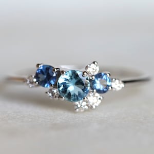 Aquamarine Cluster Engagement Ring, Sapphire and Diamond Cluster Ring, March Birthstone Promise Ring Gift for Her