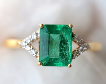 18k emerald engagement ring, emerald cut engagement ring, emerald cut emerald ring, Emerald and diamond ring, promise ring, Anniversary ring