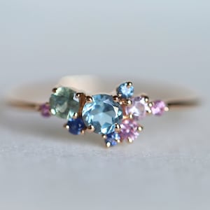 Aquamarine Sapphire Cluster ring, Cluster engagement ring, Aquamarine ring, Aquamarine engagement ring, sapphire cluster ring