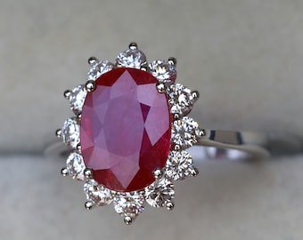 Genuine Ruby engagement ring, 3 carat natural ruby ring, Halo engagement ring, Red ruby ring with diamonds, simple gold ruby ring