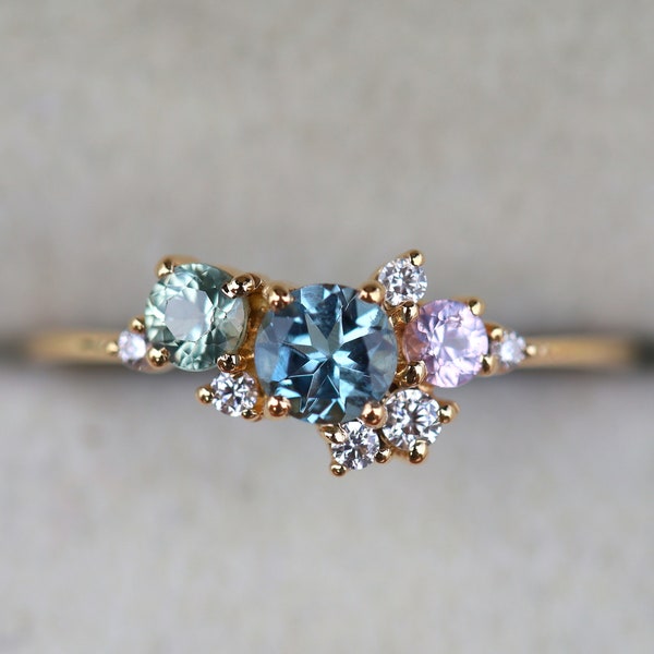 Cluster ring, Cluster engagement ring, Aquamarine ring, Aquamarine engagement ring, sapphire cluster ring, aquamarine and diamond ring