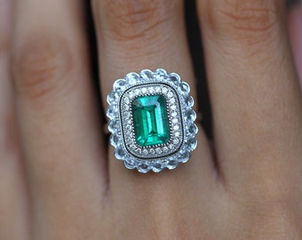 Art Deco Natural Emerald engagement ring, Natural emerald halo ring, Emerald cut emerald and diamond ring, 2.5 ct emerald EE01