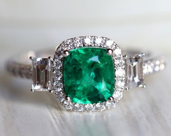 Vintage Emerald engagement ring, Emerald engagement ring, 1.5 carat Cushion cut emerald, Diamond baguette, Halo engagement ring EE01