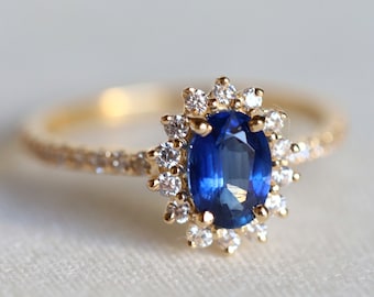 Blue sapphire ring, Art Deco Engagement Ring, Sapphire engagement ring, Blue Sapphire and diamond engagement ring, Halo sapphire ring EE01