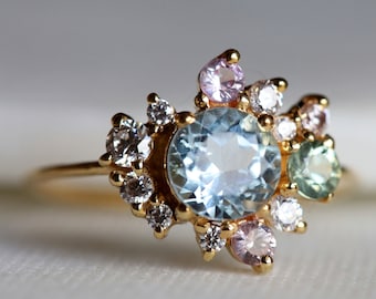 Aquamarine Ring, Aquamarine Cluster Ring, Aquamarine and Sapphire Ring, Aquamarine and Moissanite Ring, Cluster Engagement Ring, Pale colors