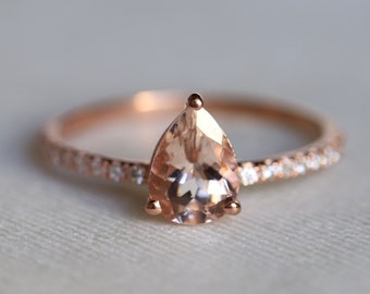 Morganite engagement ring, Diamond ring, pear cut morganite ring, morganite and diamond ring, March birthstone, peach morganite