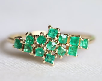 Emerald engagement ring, Cluster ring, Cluster engagement ring, Emerald ring, Stacking ring, Natural emerald, Anniversary ring