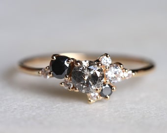 Grey Diamond cluster ring,  Salt and Pepper Diamond Ring, Cluster engagement ring, Diamond cluster, Gray Diamond ring, Engagement ring